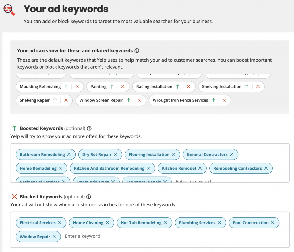 Manage your keywords regularly, especially when first setting up your Yelp Ads.